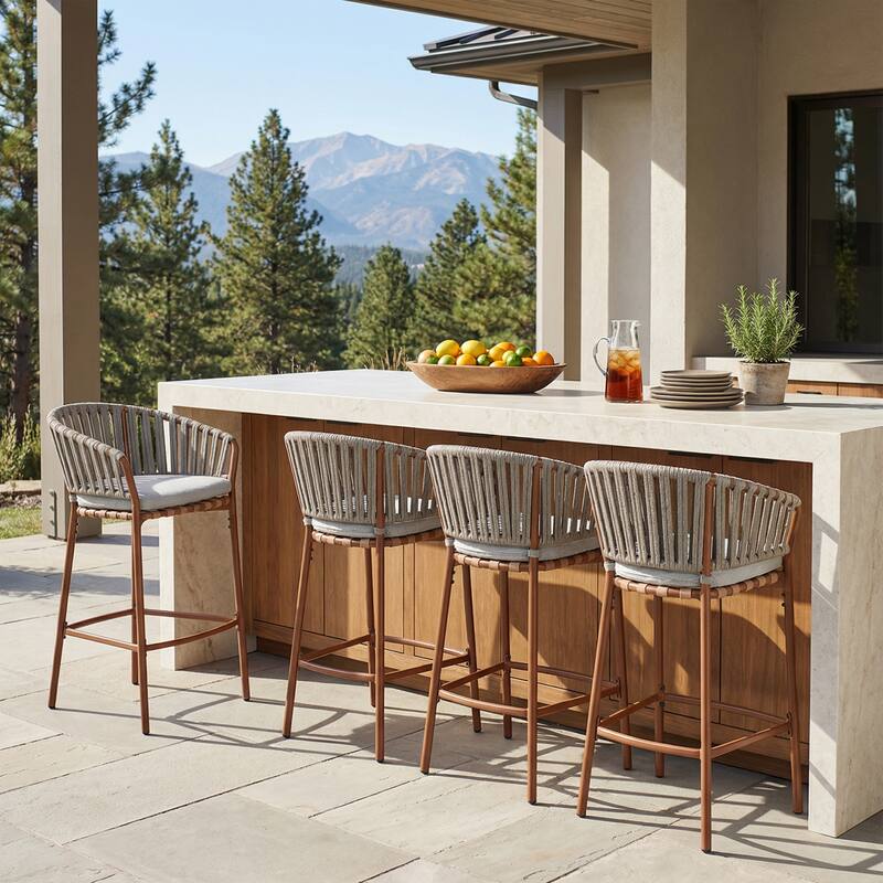 Christopher Knight Home - Marlow Outdoor Iron Barstools - Set of 4 - Teak+Beige