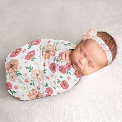 Peach Watercolor Floral Collection Girl Baby Swaddle Receiving Blanket - Pink Green and White Shabby Chic Rose Flower Farmhouse