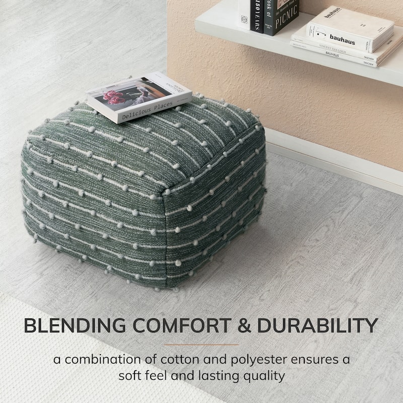 Jani Easton 22-inch Square Green/Ivory Pouf Ottoman - Handmade Footrest for Living Room, Bedroom, Patio
