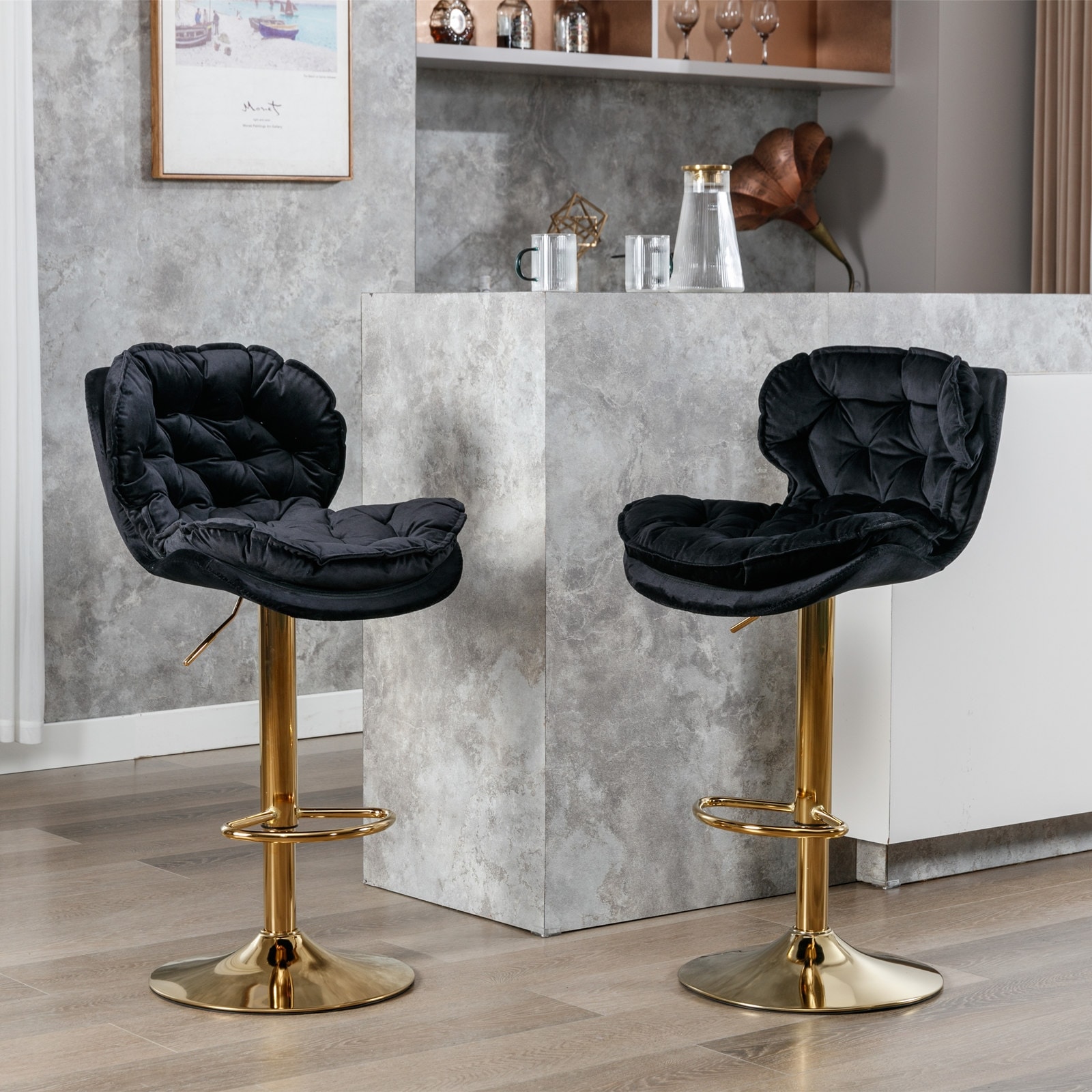 Black Modern Swivel Bar Stools Set of 2 Comfy Velvet Dining Chairs