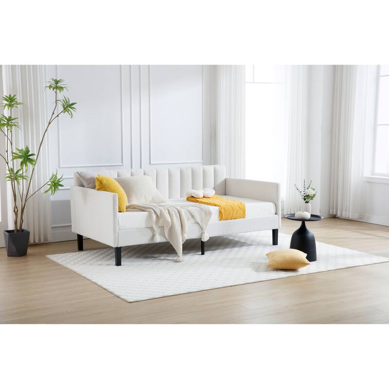 Boucle Upholstered Daybed, Ribbed Tufted Backrest - Ivory