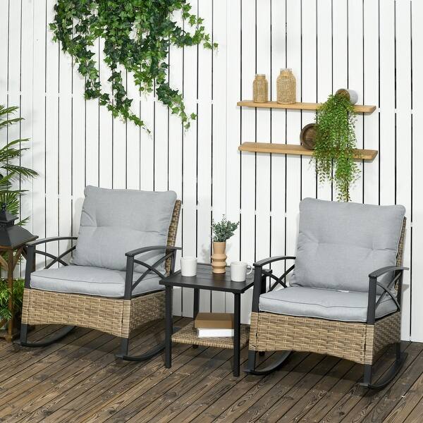 Outsunny 3 Piece Rocking Wicker Bistro Set, Outdoor Patio Furniture Set with two Porch Rocker Chairs - N/A