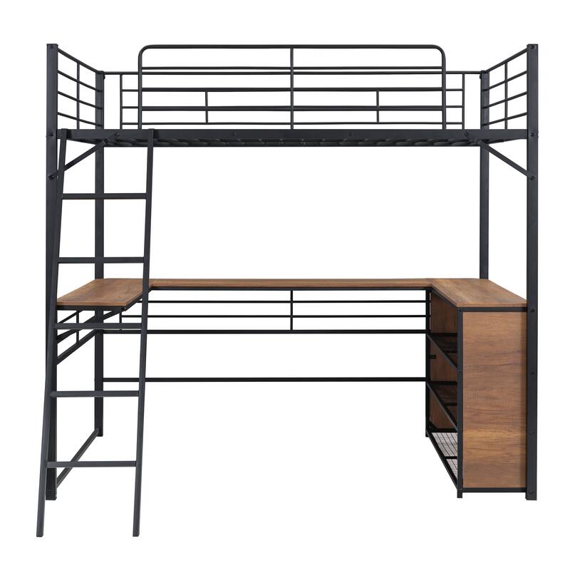 Full Size Metal Loft Bed with L-Shaped Desk and 3-Tier Shelves, Black