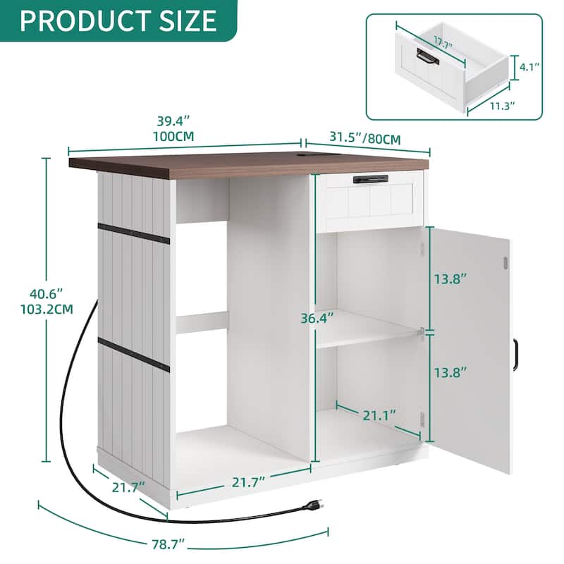 Moasis Kitchen Island with Mini Fridge Space and Drop Leaf & Power Outlet