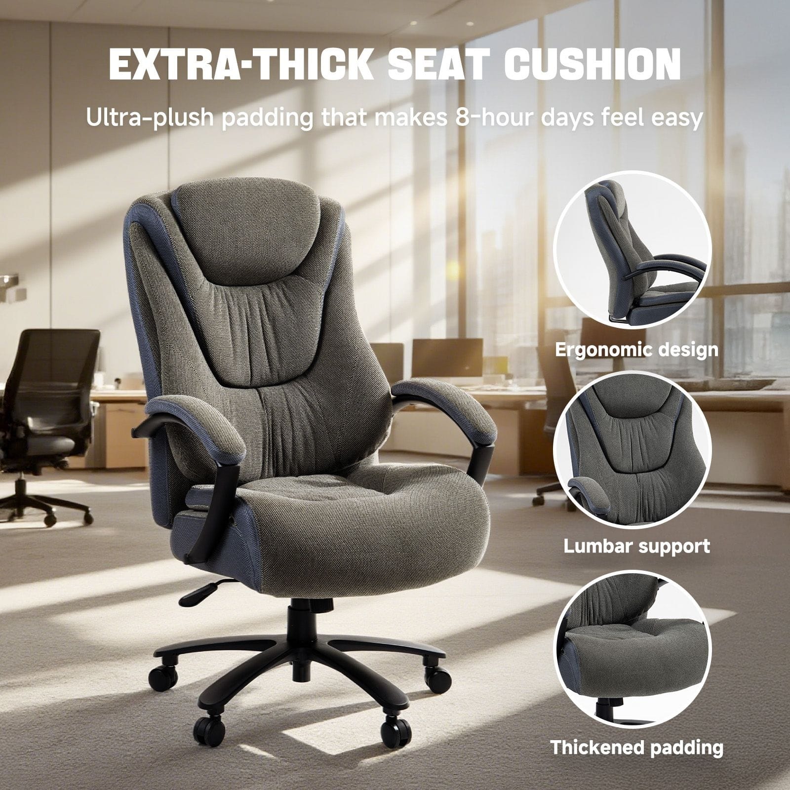 Wide Seat Executive Office Chair with Soft Upholstery, Thick Padded Cushion, High Back Support, Smooth Rolling Base