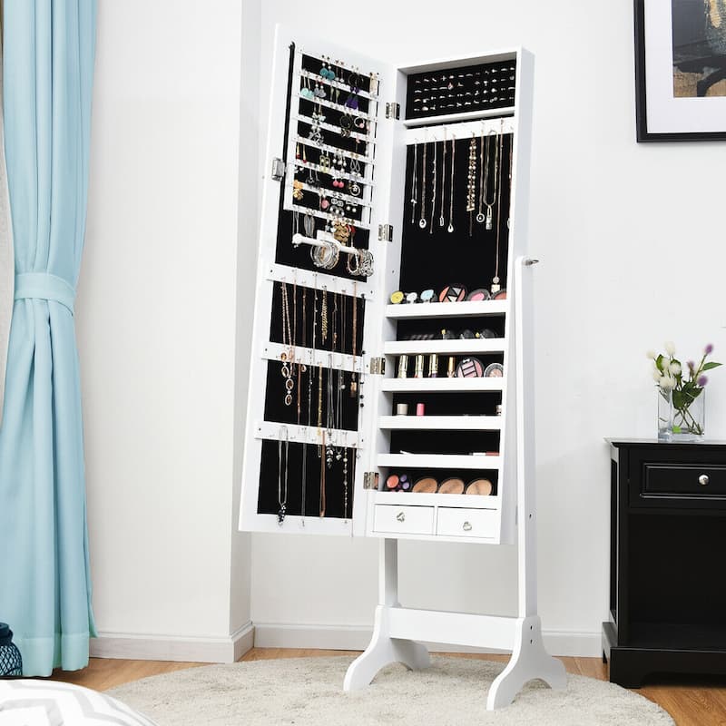 Mirrored Jewelry Storage Cabinet with Drawers and Hooks - 18" x 14.5" x 61.5"