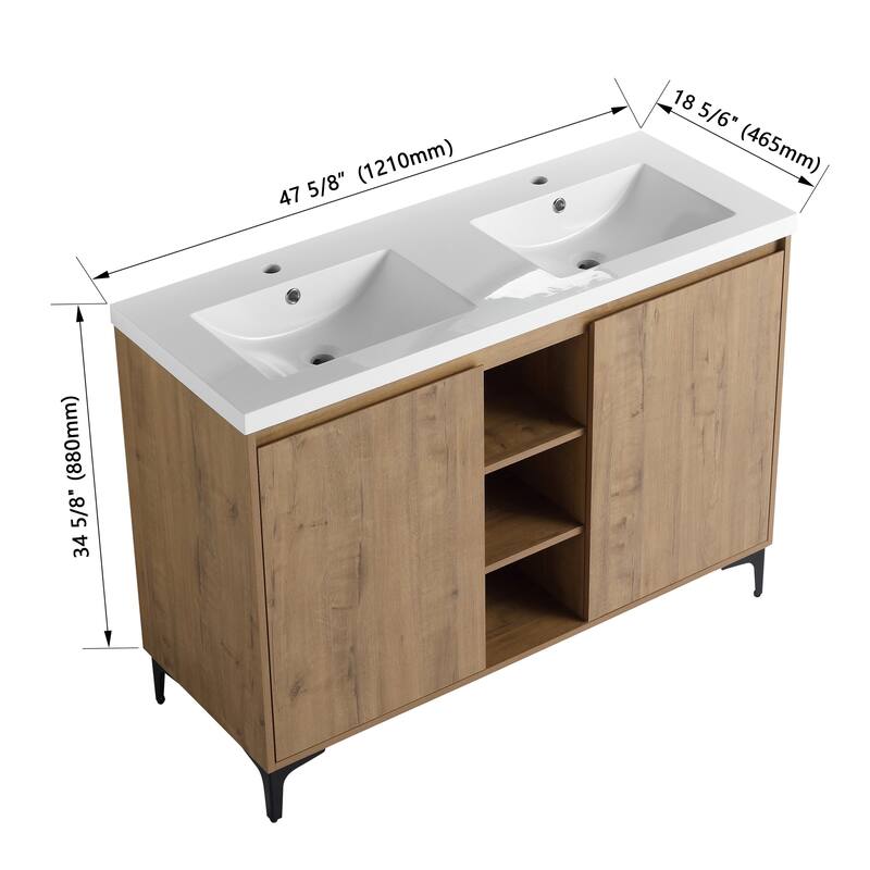 Modland 48" Freestanding Double Sink Vanity - Soft-Close Doors, Resin Top & Eco Plywood, Imitative Oak - 48 Inch
