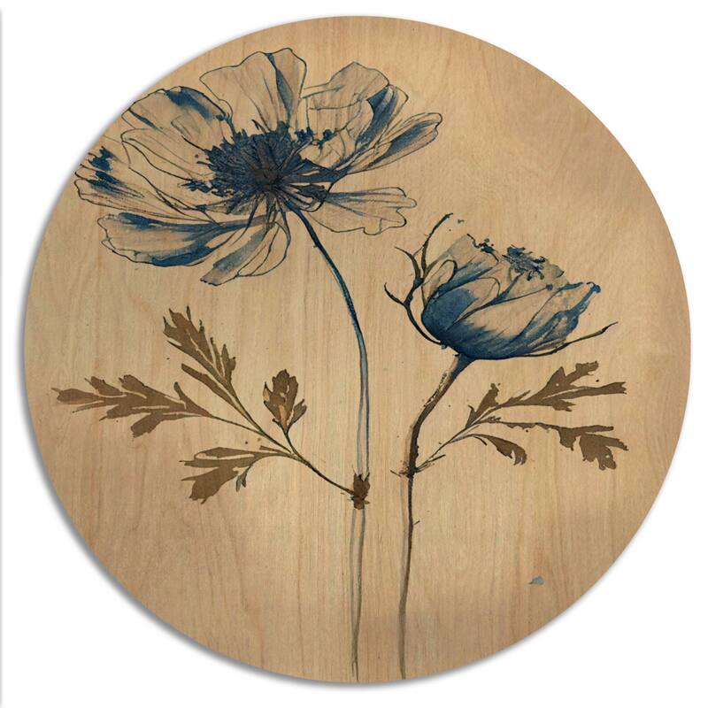 Designart "Blue Vintage Flower Blooming V" Floral Wood Wall Art - Natural Pine Wood