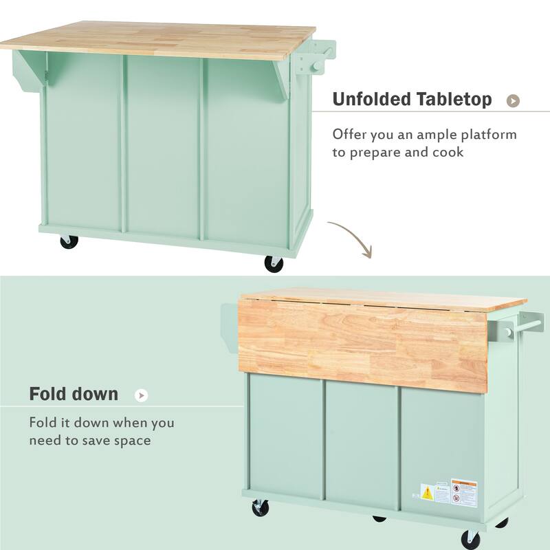 53.10 '' Rubberwood Kitchen Cart with Drop-Leaf, Adjustable Shelf, Rolling Wheels, and 3 Drawers - 53.1'' x 29.5'' x 37.2''