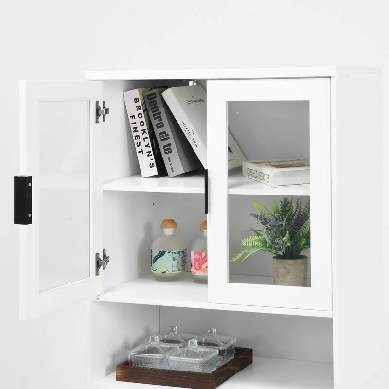Tall Kitchen Pantry Cabinet with 2 Glass Display Doors & 2 Solid Doors