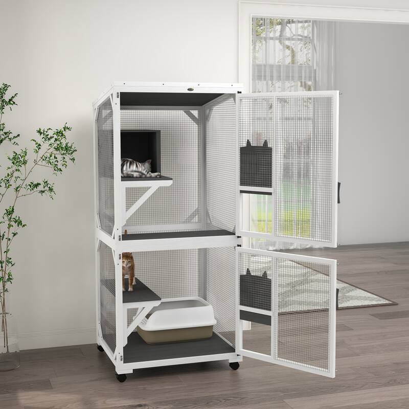 PawHut Wooden Catio with Waterproof Roof, Large Cat House with High-Up Resting Box, Indoor & Outdoor Cat Enclosure with Wheels