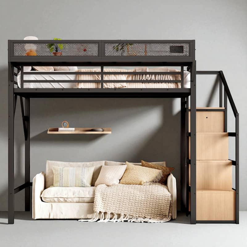 Metal Loft Bed Twin XL/Full/Queen with Storage Stairs, Built-in Wardrobe, USB Ports and LED Lights