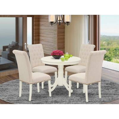 HomeStock 5-Piece Round Linen White Finish Solid Wood Top Dining Table with 4 Parson Chair with Lattice Back