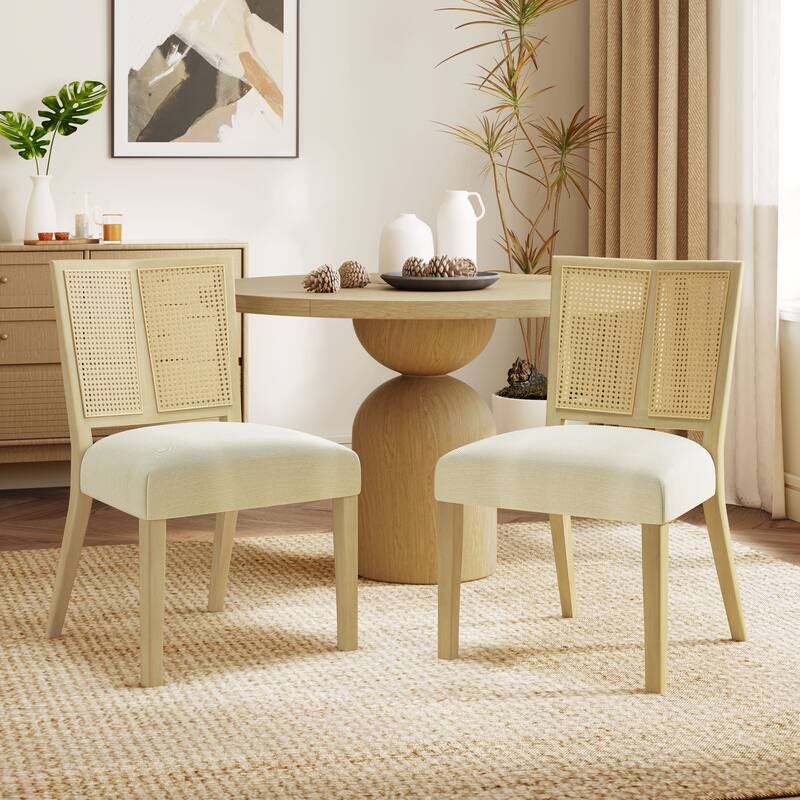 Mid-Century Modern Dining Chair with Rattan Back(Set of 2) - Beige+Natural Ash-without Armrest