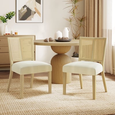 Set of 2 Rattan Back Dining Chairs with Upholstered Seat, Rubberwood Frame, Armless Mid-Century Design