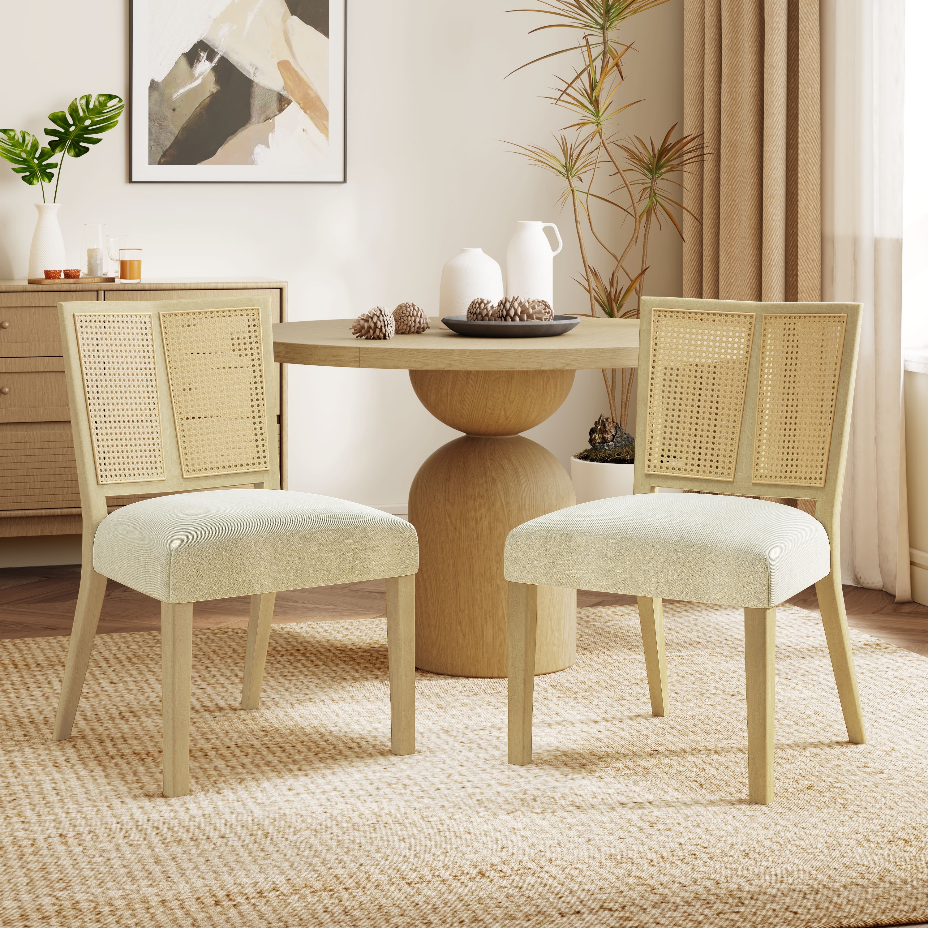 Set of 2 Rattan Back Dining Chairs with Upholstered Seat, Rubberwood Frame, Armless Mid-Century Design