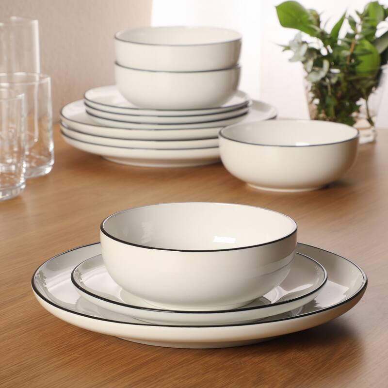 Gibson Home Havenstone 12-Piece Porcelain Dinnerware Set - Plates & Bowls, Classic White Everyday Dish Set