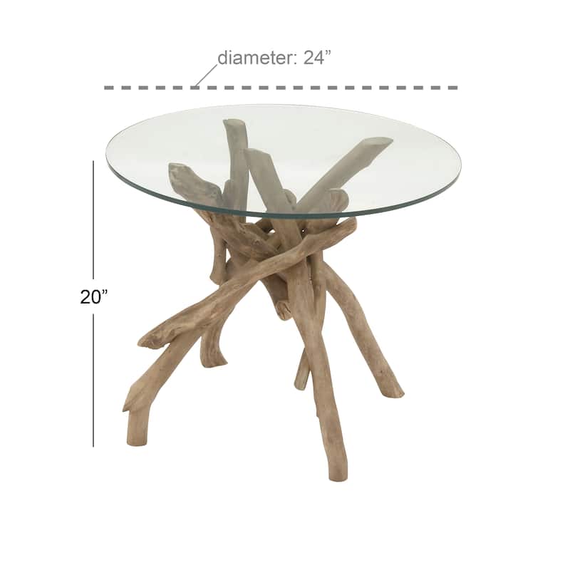 Wood Handmade Tree Branch Side End Accent Table with Clear Glass Top - Brown - Roche River Decor