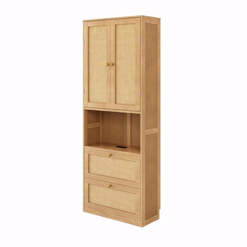 2-Door Bookshelf with USB Port and 3 Drawers, Side Cabinet Storage Shelves