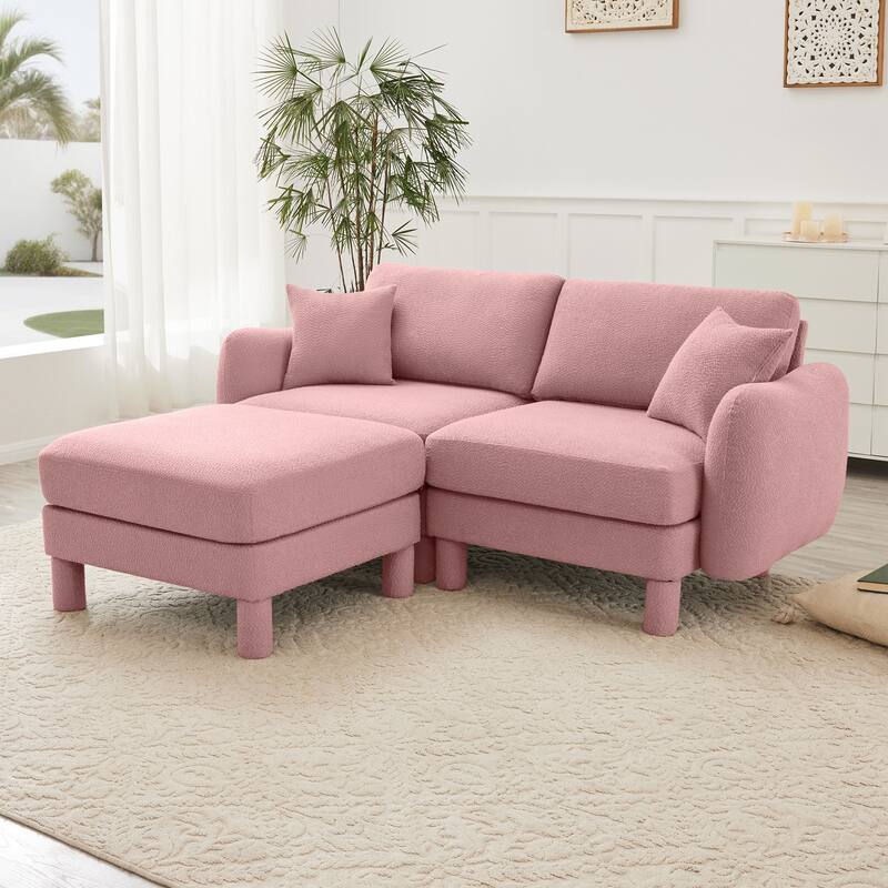 2-seater Loveseat Sofa Couch With Distinctive Shell-shaped Armrests And Removable Ottoman - Pink