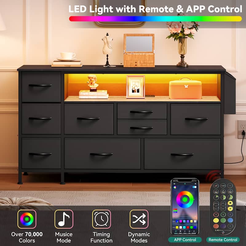 Moasis 50"W 9-drawer Fabric Dresser, Media Console, TV Stand with Outlets, RGB Lights