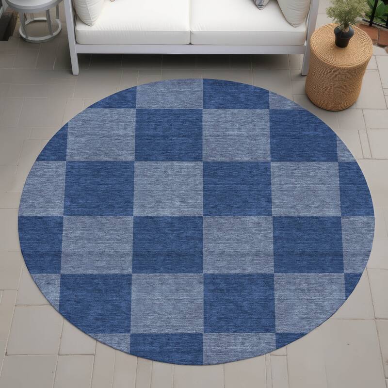 Machine Washable Indoor/ Outdoor Modern Checker Chantille Rug - Blue - 8' x 8'