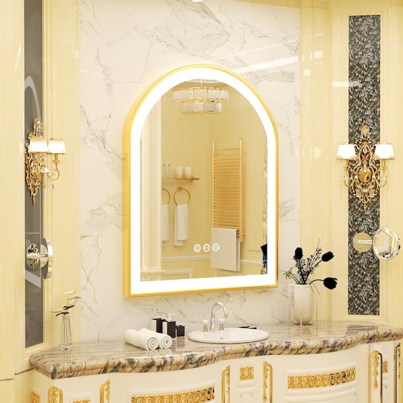 Gold Aluminum Arched Frame Bathroom Vanity Mirror Dimmable