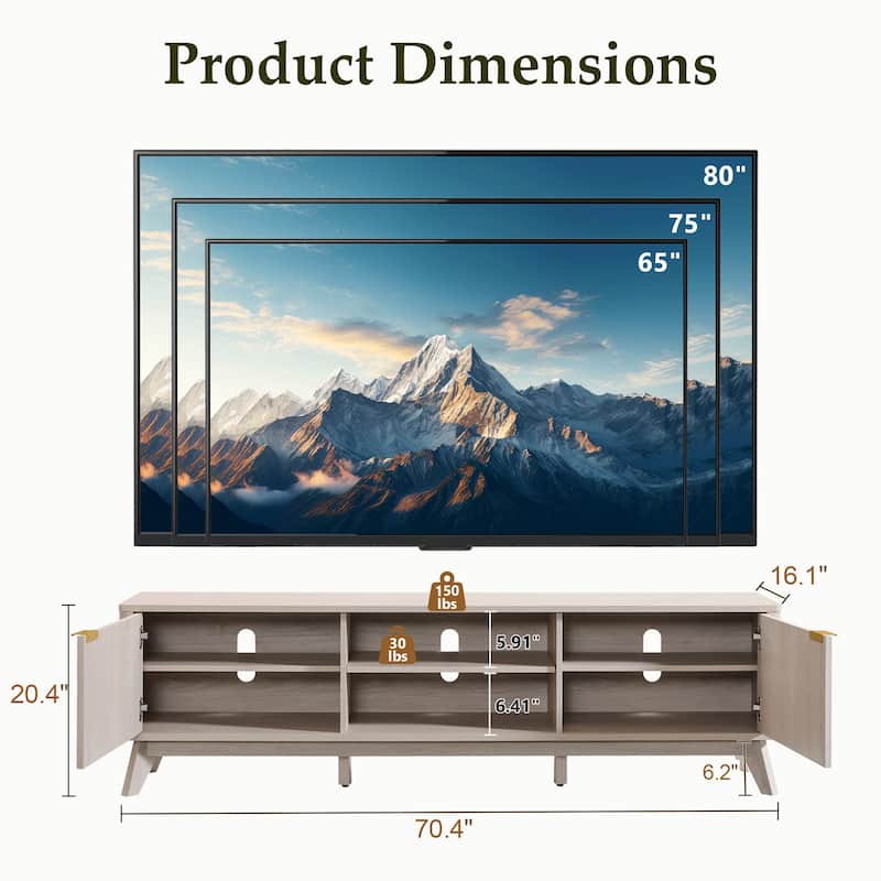 70" Modern Fluted TV Stand for Living Room, Wood Entertainment Center