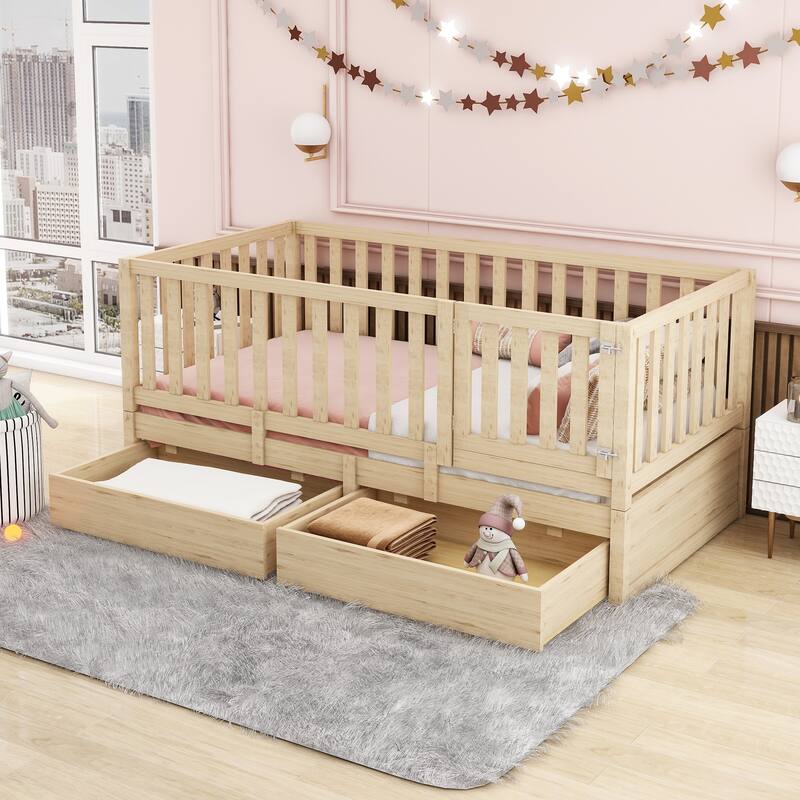 Modern Wood Daybed with Fence Guardrails and 2 Drawers