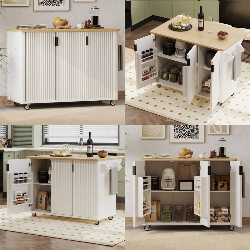 Farmhouse 51" Fluted Kitchen Island with Drop Leaf and Internal Storage Rack