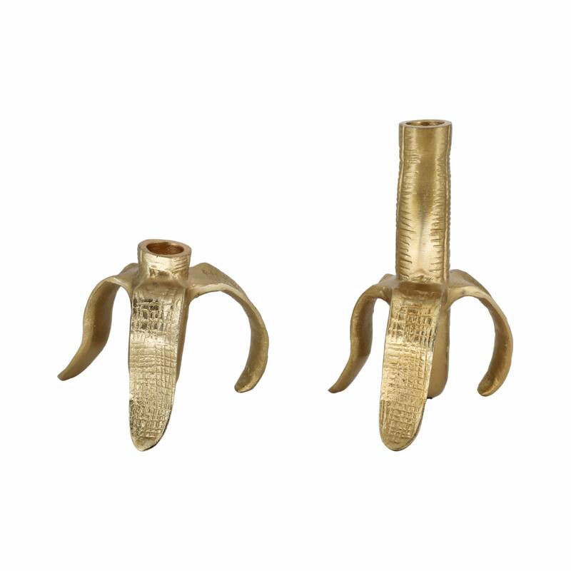 Sagebrook Home Gold Metal Banana Taper Candle Holders, Unique Aluminum and Suar Wood, Set of 2 - 6" x 5" x 7"