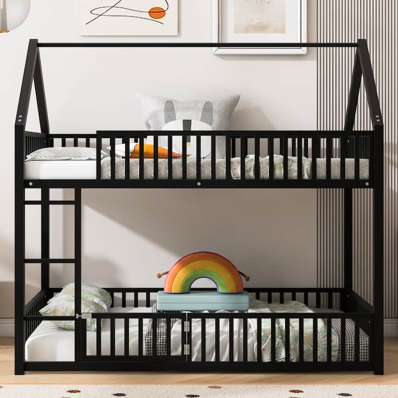 Twin over Twin Metal Bunk Bed with Play Door & Fence Design (250lb Capacity)