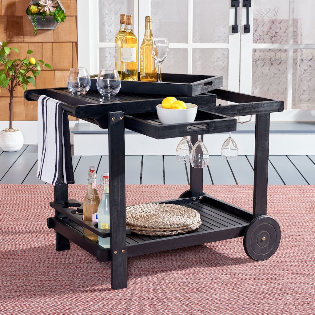 SAFAVIEH Outdoor Nallely Acacia Wood Tea Trolly - 24"W x 39"D x 30"H