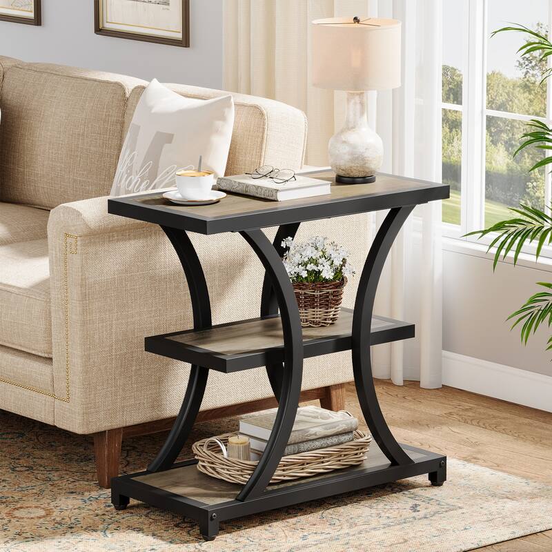 3-Tier Industrial Side Table with Geometric Metal Design - 1 Piece - Grey