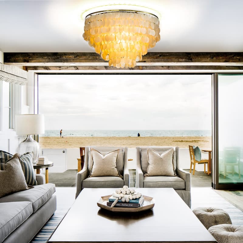 6-Light Coastal Natural Capiz Shell Tiered Flush Mount Ceiling LIght With Antique Gold Metal