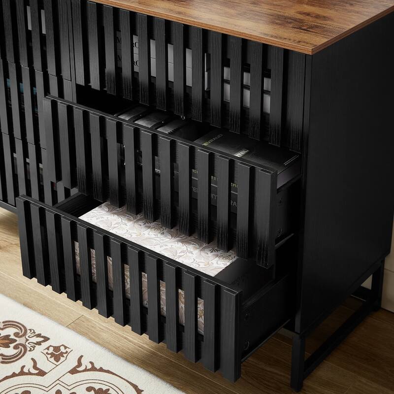 6 Drawer Double Dresser with Slatted Grille Striped Drawer, Modern Style Dresser, High-Quality MDF and Metal Leg