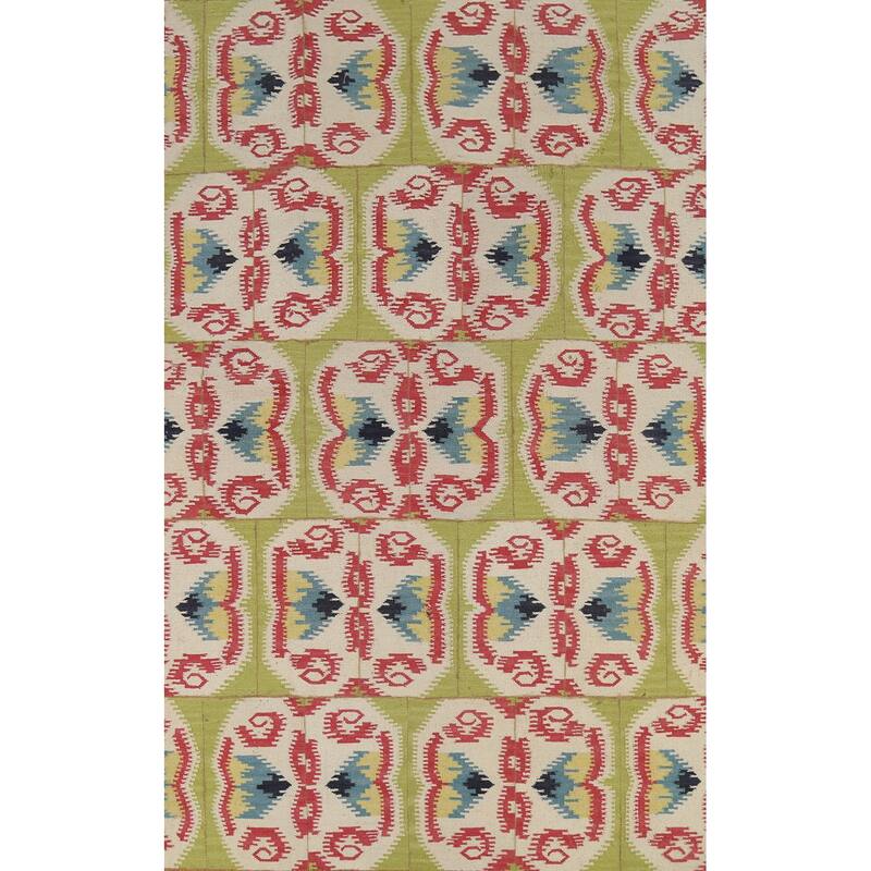 Green Kilim Oriental Area Rug Flatweave Wool Carpet - 5'8"x 8'11"