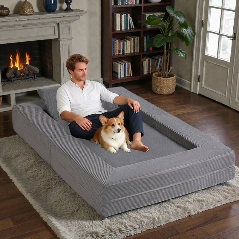 Compression Human Dog Sofa Bed, 3-in-1 Corduroy Floor Couch with Pillow, Folding Lounger for Adults & Pets