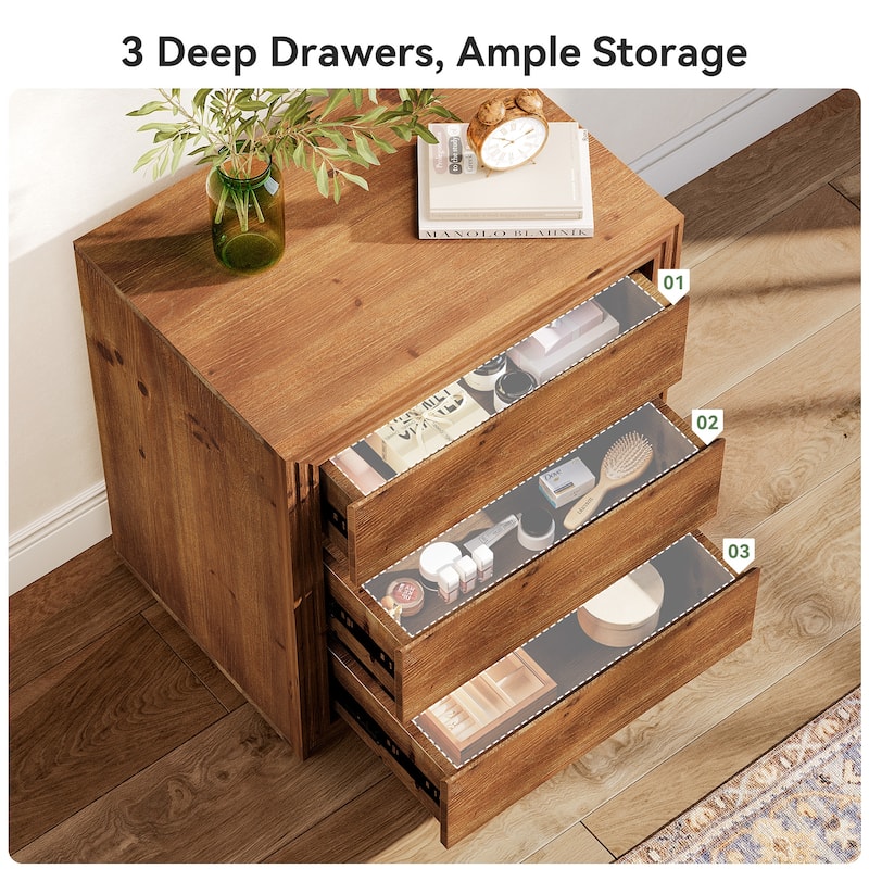 23.62" Solid Wood Nightstand with 3 Drawers, Rectangular Bedside Table for Bedroom