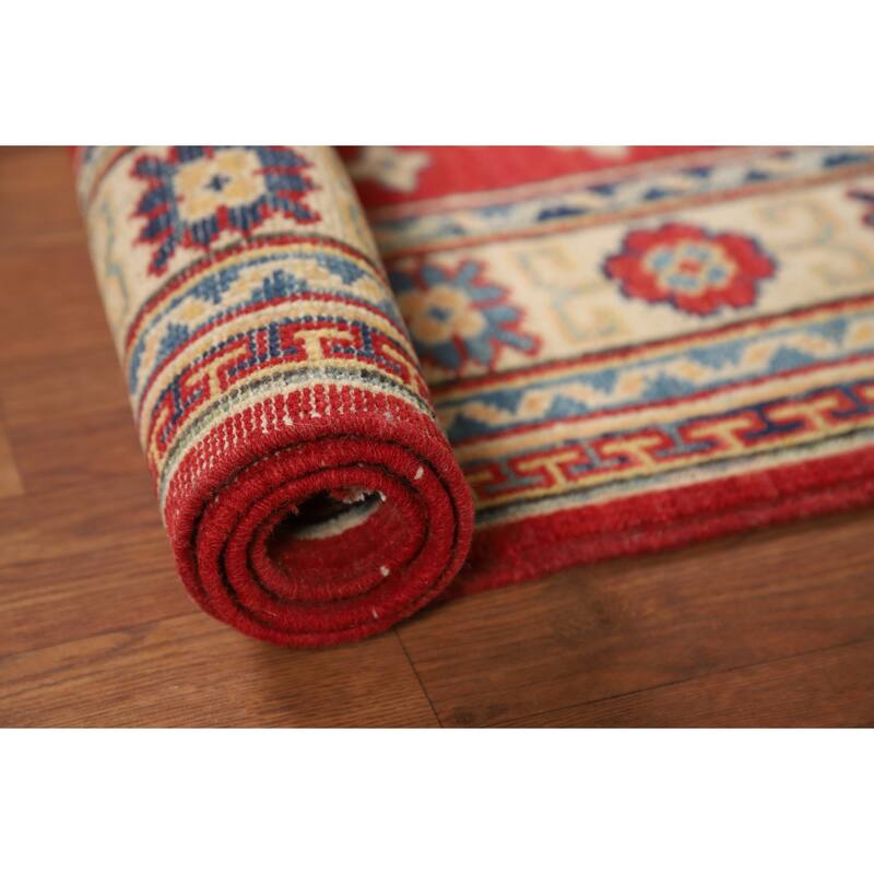 Red Kazak Foyer Rug Hand-Knotted Geometric Wool Carpet - 3'0"x 4'0"