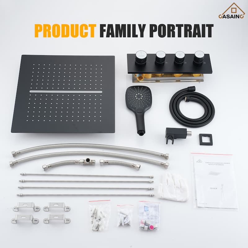 Luxury Thermostatic Shower System 5-Spray Patterns 16" Ceiling Mount Fixed and Handheld Shower Head - 15.7" x 15.7"