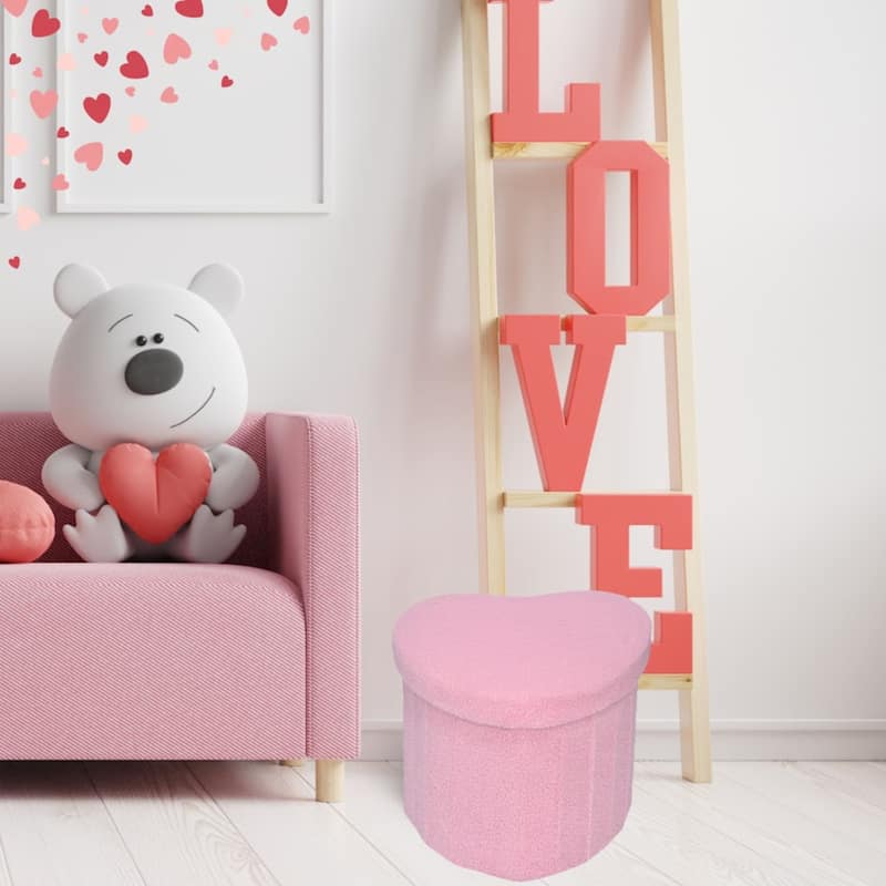 Pink Heart Soft Teddy Boucle Storage Ottoman Foot Stool with Tray Lid