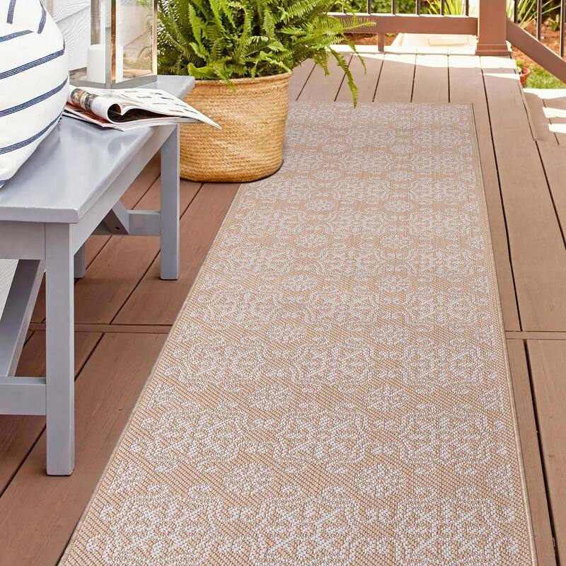 World Rug Gallery Transitional Geometric Textured Flat Weave Indoor/Outdoor Area Rug - 2'x7' Runner - Natural