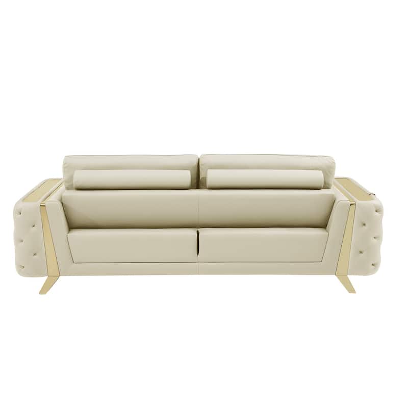 HomeRoots 90" Beige Italian Leather Sofa With Gold Legs