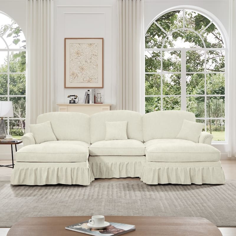 U-shaped Classic Modular Comfy Sectional Sofa with Ottomans & Ruffles Pleats Skirts - Beige