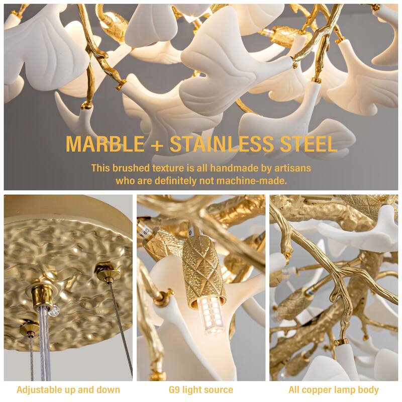 Modern Ginkgo Leaf Ceramic Chandelier, Moon Ring Round Pendant Light, D550-D1200, Gold Finish
