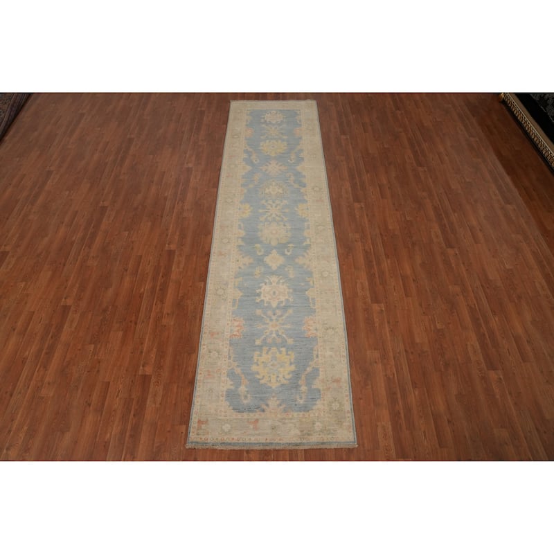 Hand Knotted Oriental 100% Wool Carpet Traditional Floral Navy Blue & Blues Ziegler Runner Rug - 11' 9'' X 3' 1''