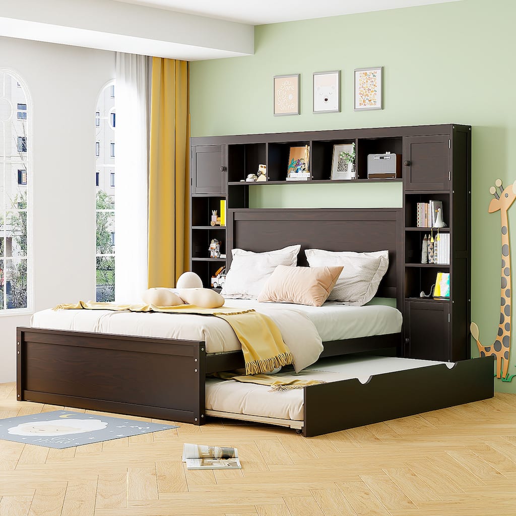 Queen Size Wooden Platform Bed with Storage, Shelves, Outlets and Trundle in Espresso