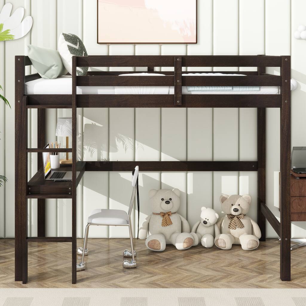 Twin High Loft Bed, Rubber Wood Loft Bed with Safety Guardrail, built-in desk, ladder