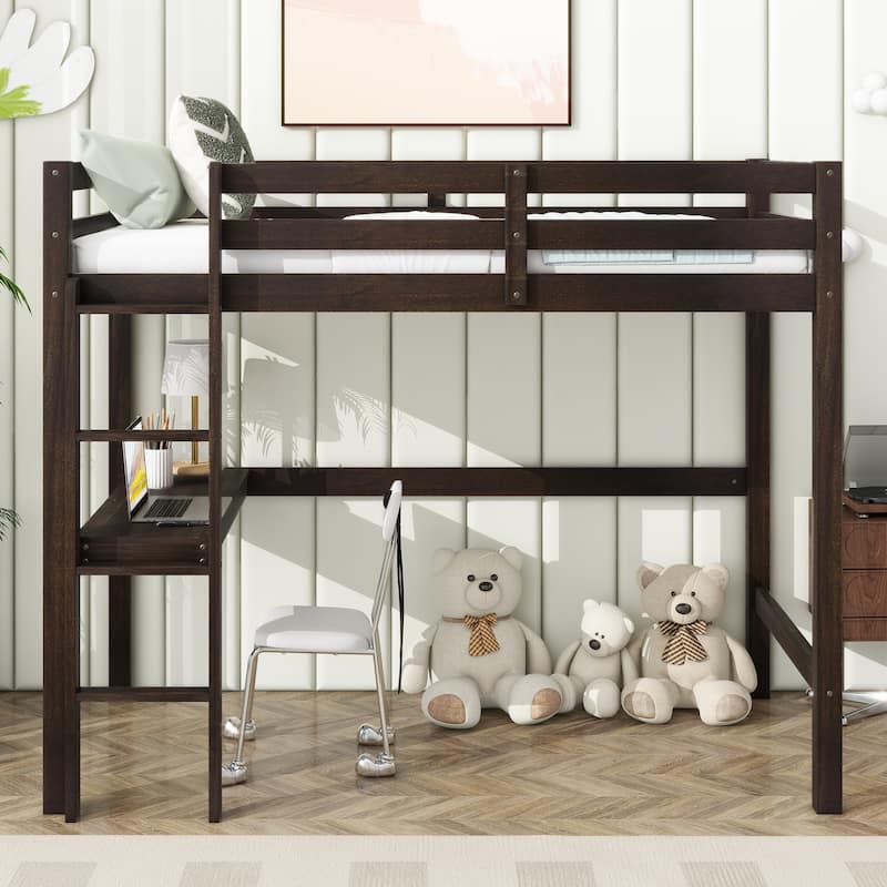 Twin High Loft Bed, Rubber Wood Loft Bed with Safety Guardrail built-in desk, ladder, Espresso - Espresso